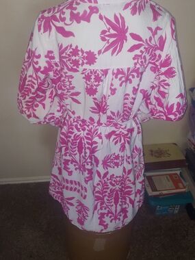 Zara White Blouse with Hot Pink Floral Motif